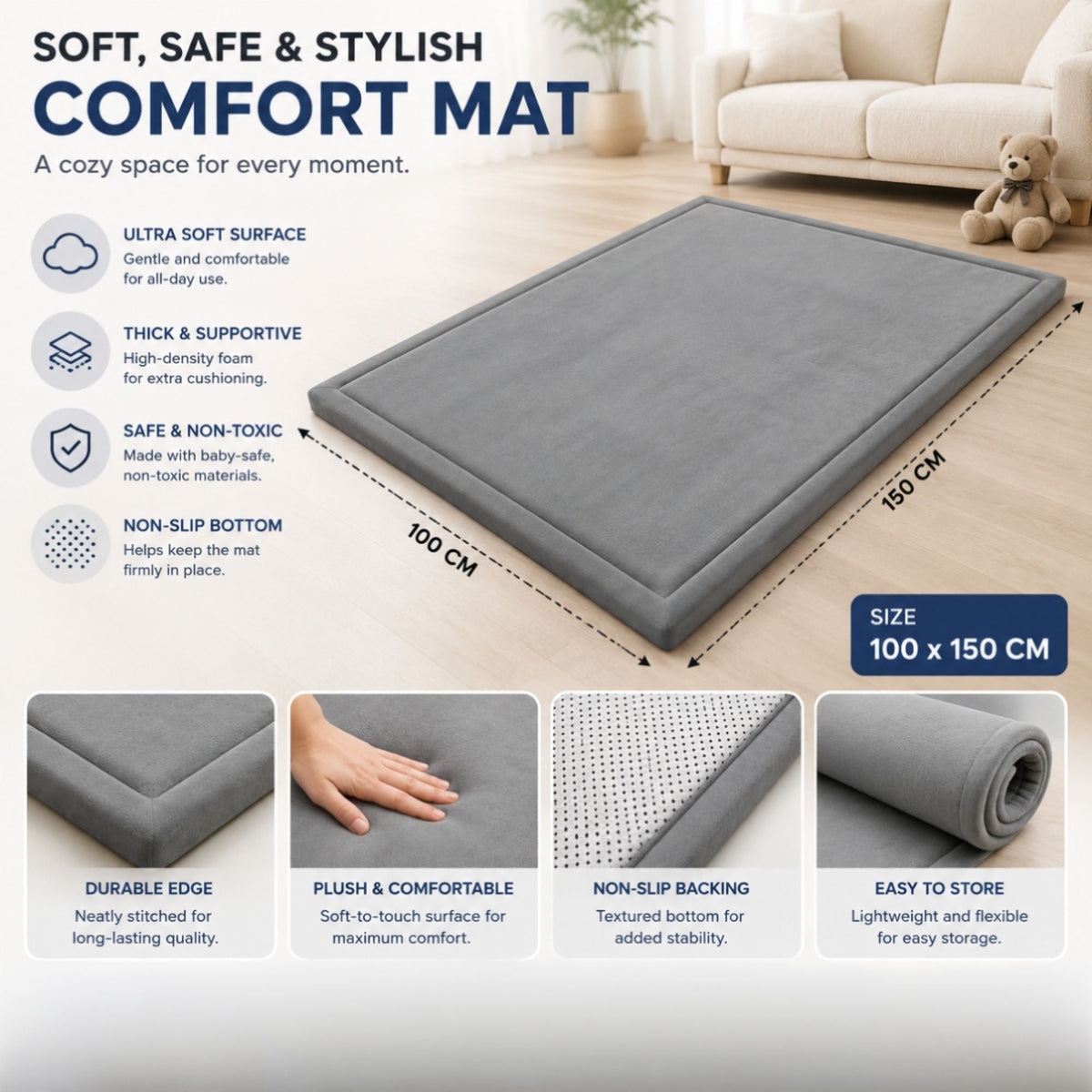 Baby Play Mat Thick Foam Crawling Mat for Infants - 150x100cm - Grey