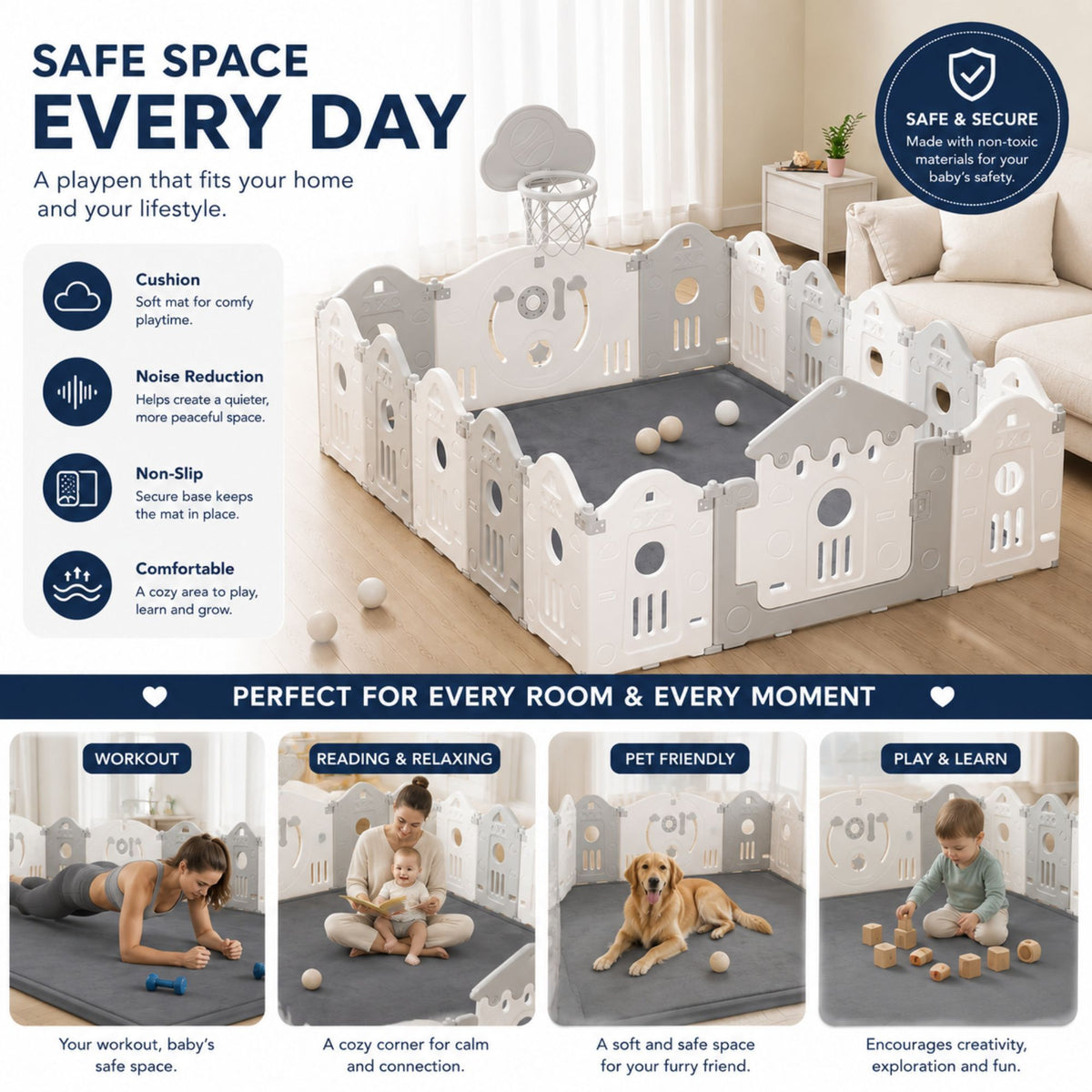 Baby Play Mat Thick Foam Crawling Mat for Infants - 150x100cm - Grey