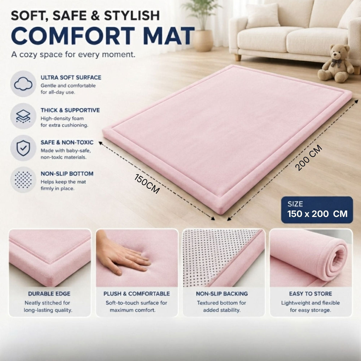Baby Play Mat Thick Foam Crawling Mat for Infants - 200x150cm - Pink