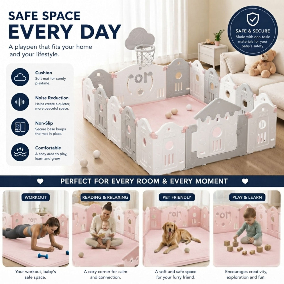 Baby Play Mat Thick Foam Crawling Mat for Infants - 200x150cm - Pink