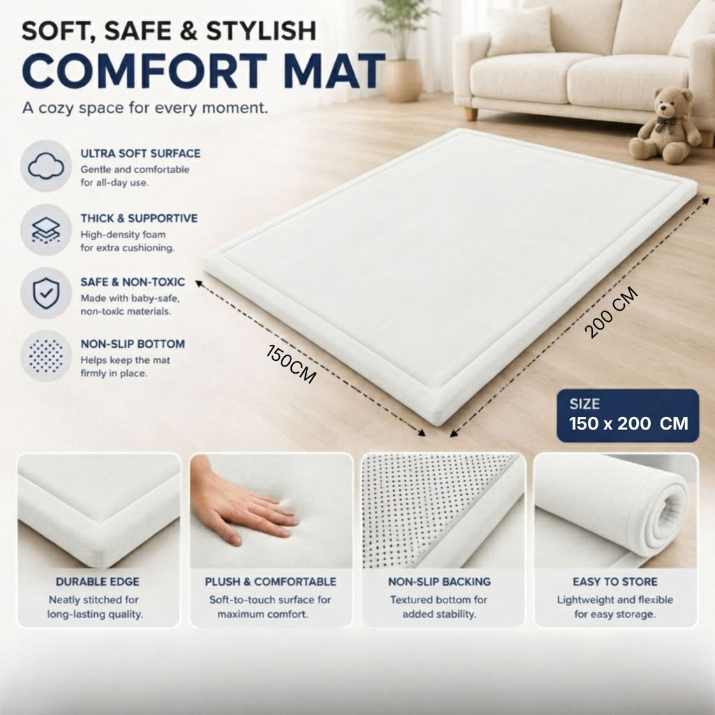 Baby Play Mat Thick Foam Crawling Mat for Infants - 200x150cm - White