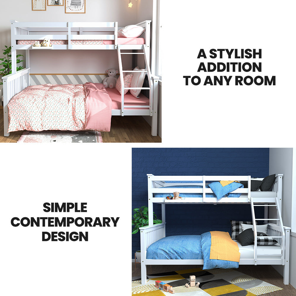 NNEMB Single Over Double Wooden Bunk Bed Frame, Triple Solid Pine 2-in-1 Modular Design, Converts to 2 Beds, For Kids, White