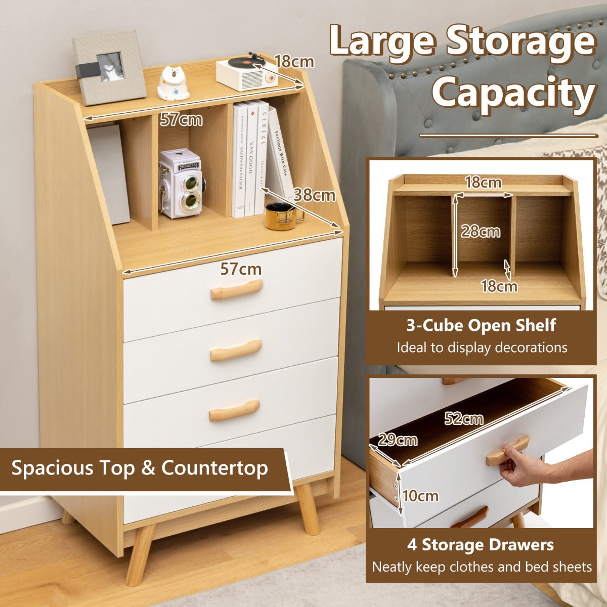 NNECW 4-Drawer Dresser with Countertop and 2 Anti-Tipping Kits for Bedroom/Living Room