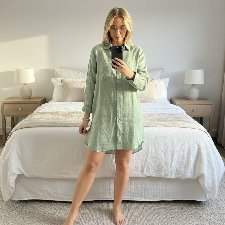 Nightshirt in Pistachio Linen | Button Up