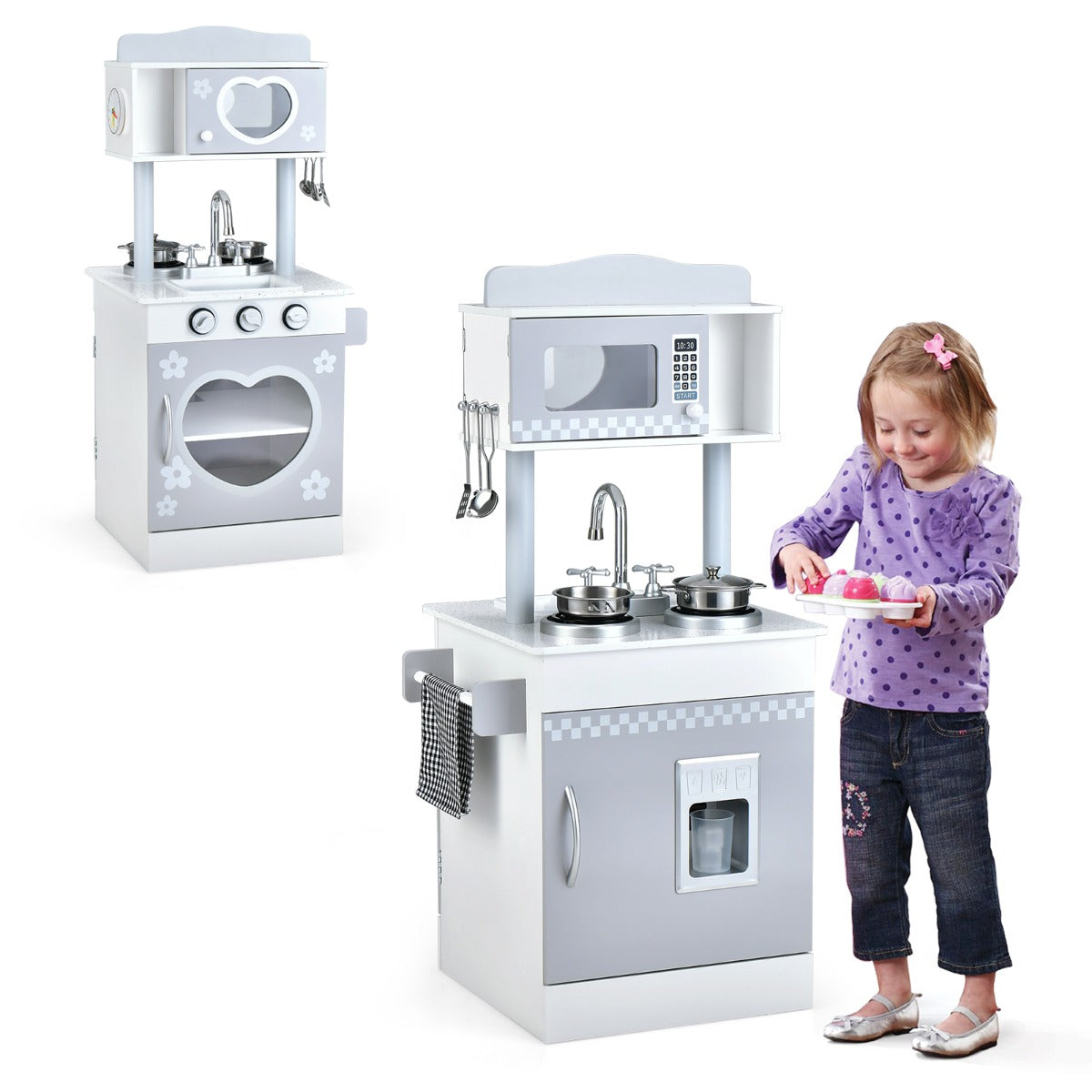 NNECW Double-Sided Kids Play Kitchen with Cooking Sets for Toddlers Ages 3 +
