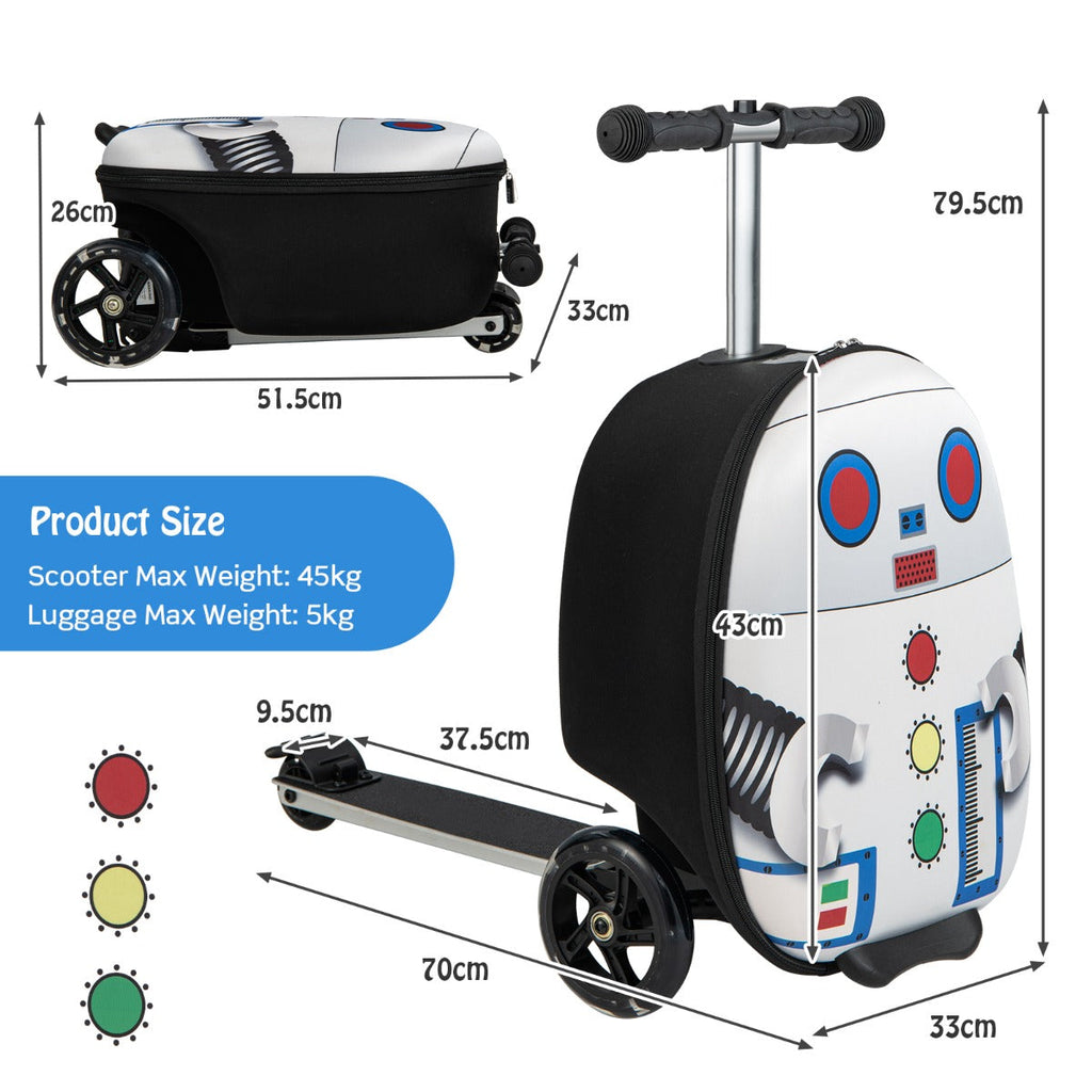 NNECW 2-IN-1 Skateboard Luggage with 3 Color Lighted Wheels for Kids-White