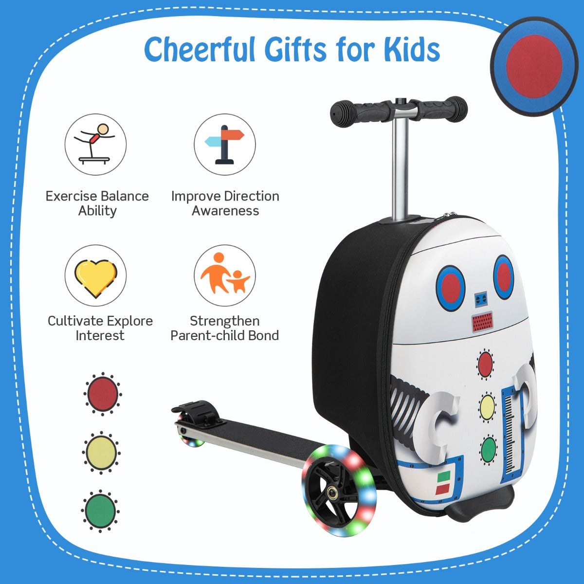 NNECW 2-IN-1 Skateboard Luggage with 3 Color Lighted Wheels for Kids-White