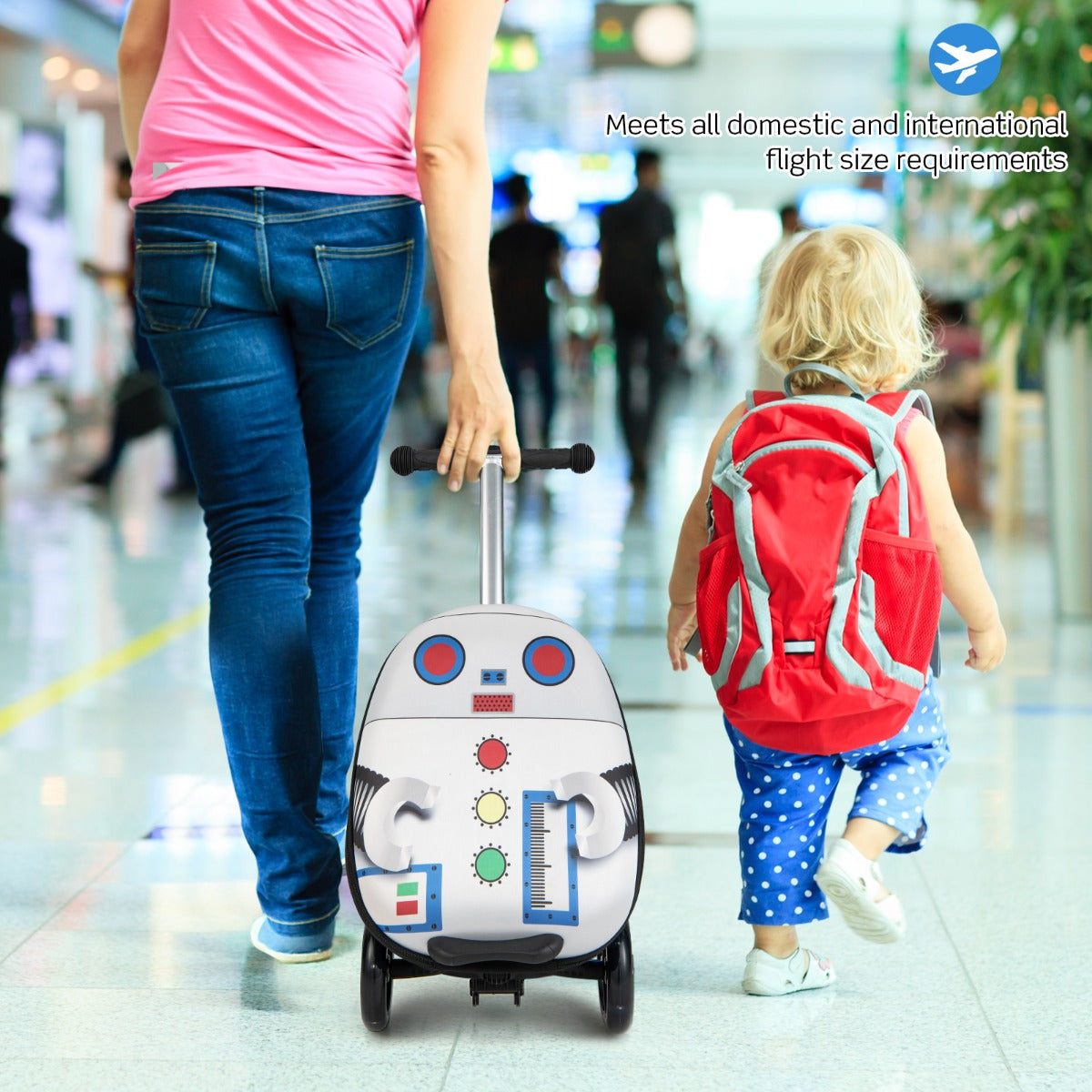 NNECW 2-IN-1 Skateboard Luggage with 3 Color Lighted Wheels for Kids-White